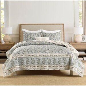 Queen Horimote Paisley Floral Quilt Bedding Set With Shams - Soft Blue & Beige